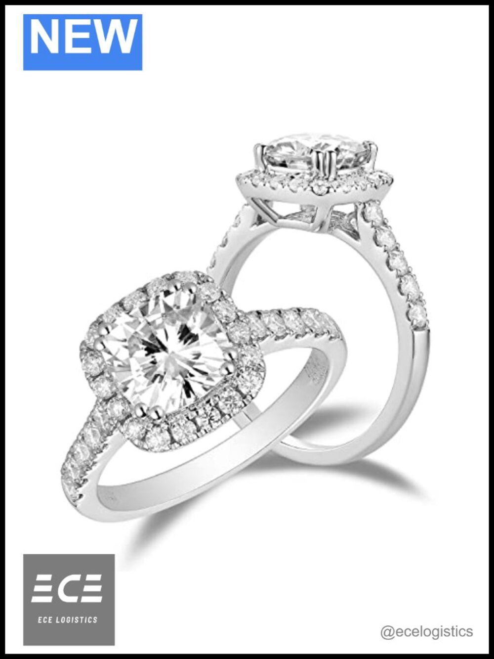 14K White Gold Cushion Cut Moissanite Halo Engagement Ring Bridal Set